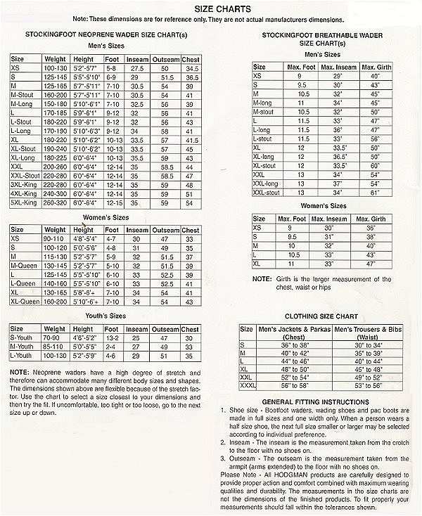 Bone Dry Waders Size Chart